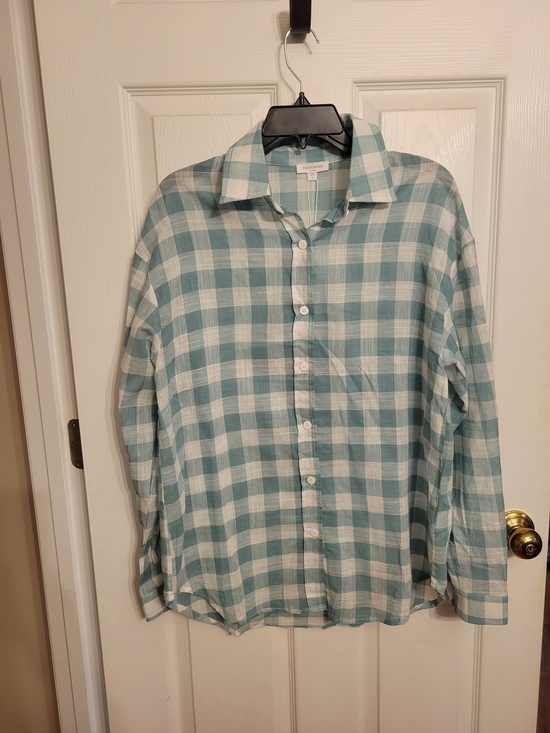 Anniewear Tops - Anniewear Amazing Plaid Lightweight Button-Down Shirt in Light Teal and White